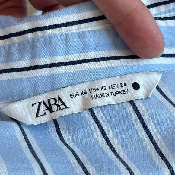 Zara Long Sleeves Oversized Shirt Midi Dress Tie Belt XS Lagenlook Blue Striped - Picture 15 of 15